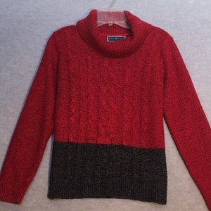 KAREN SCOTT Cable Knit Front Color Block Cowl Neck Sweater with Rib Knit Sleeves